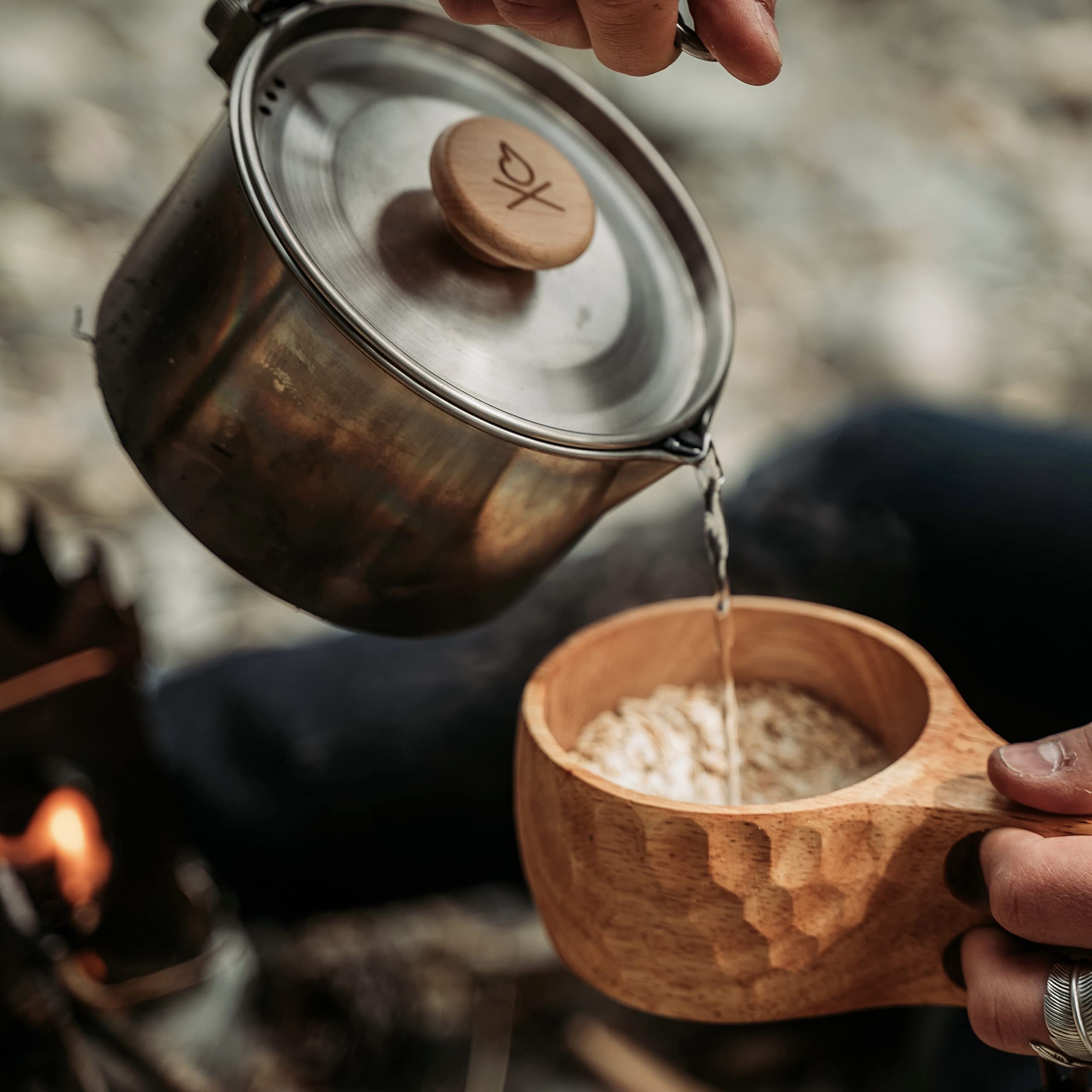 ueberleben Nordic inspired Kuksa in bushcraft setting for outdoor use.