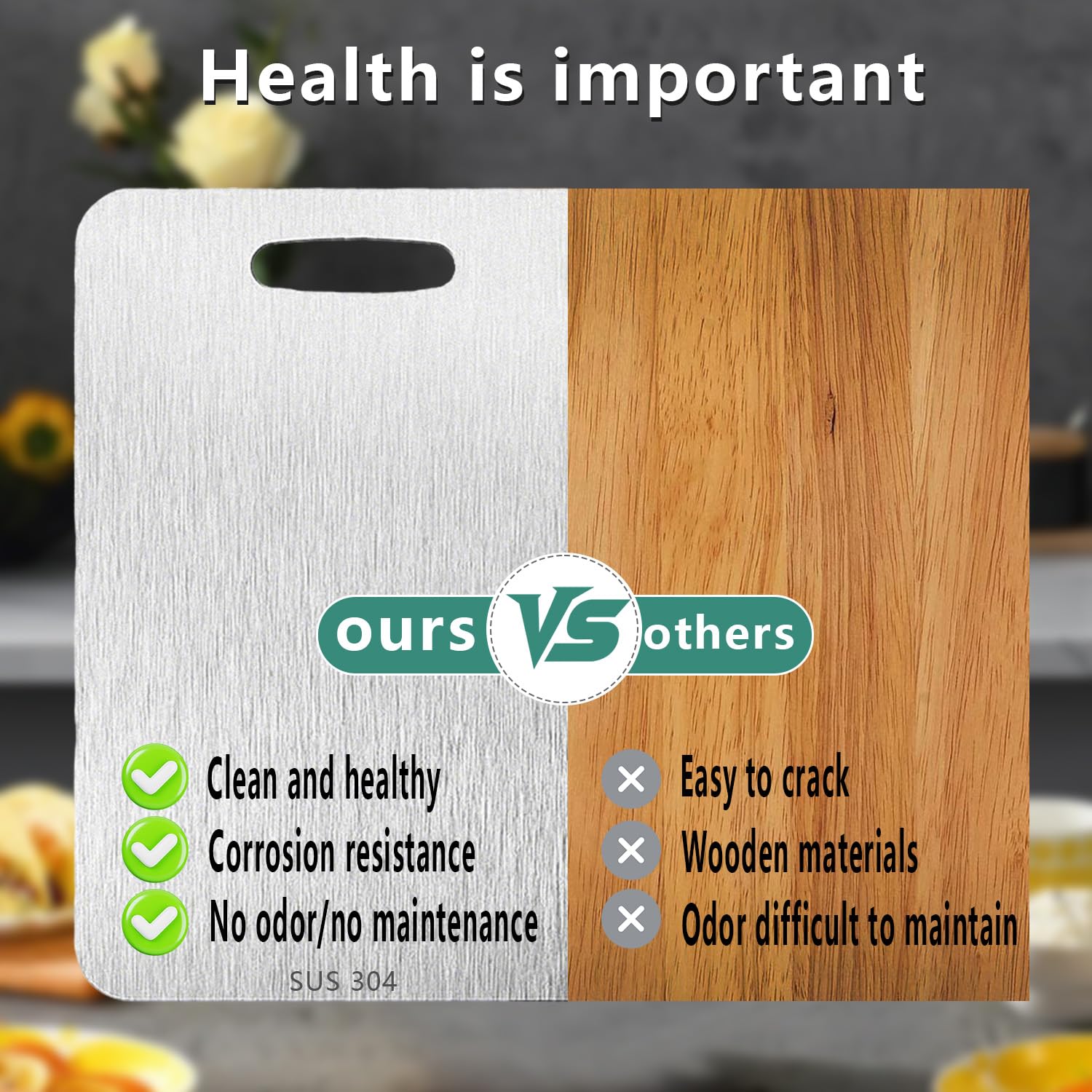 UFJEG titanium cutting board 11.8 x 7.8 bottom view for compact storage.