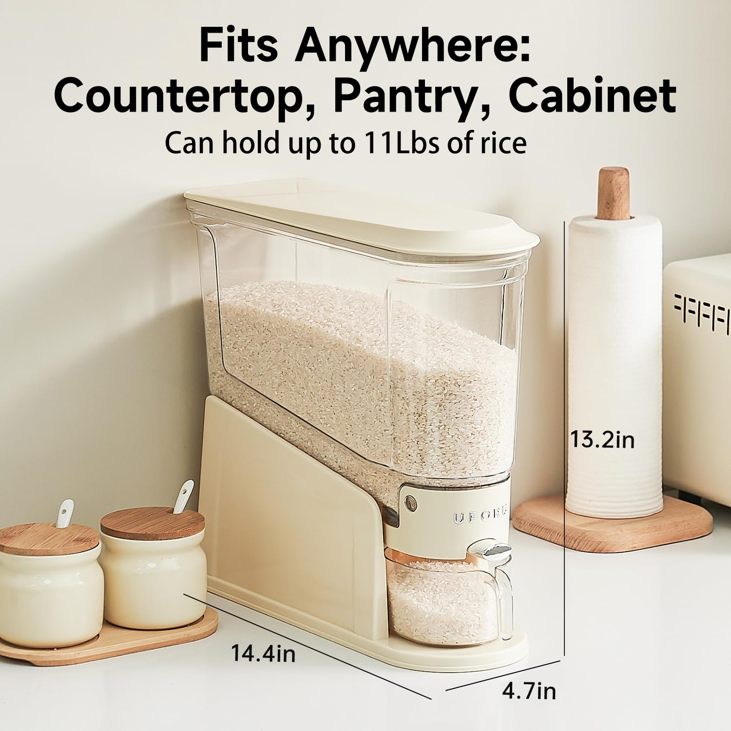 UFORU compact design holds up to 10 lbs of grains neatly stored.