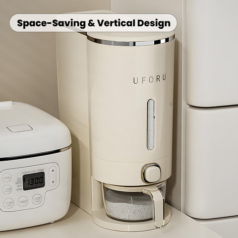 UFORU rice dispenser compact design fits on counters and shelves.