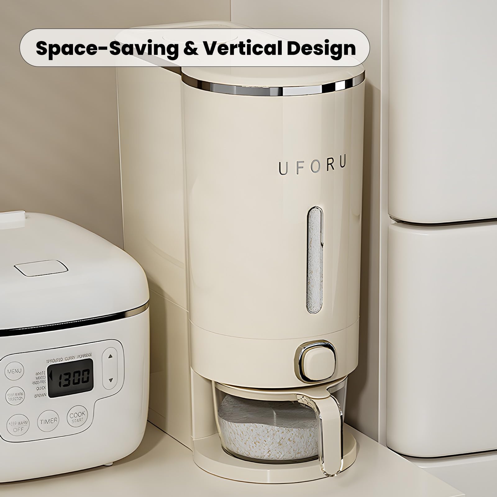 UFORU Rice Dispenser compact storage reduces cabinet clutter.