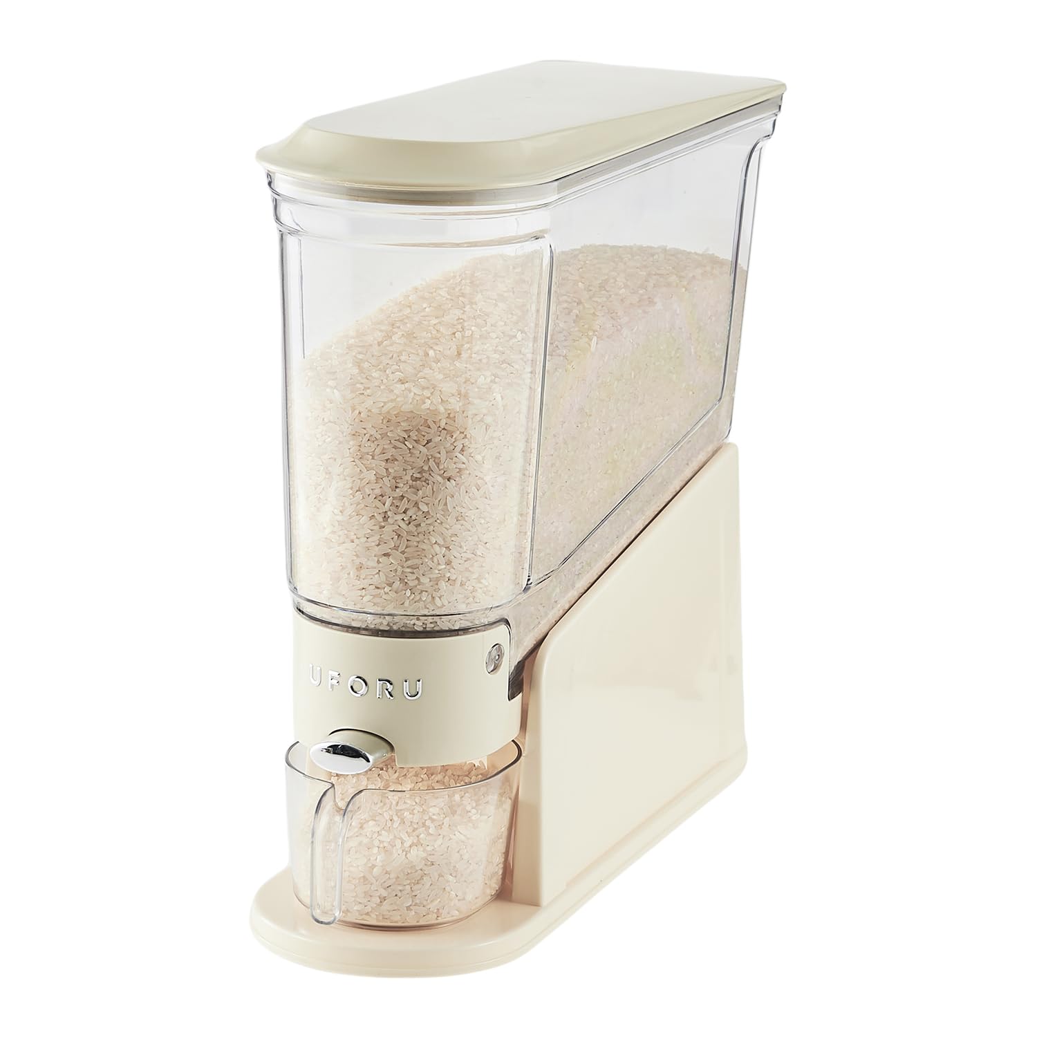 UFORU rice dispenser shown from the front in cream white, ideal for compact kitchens.