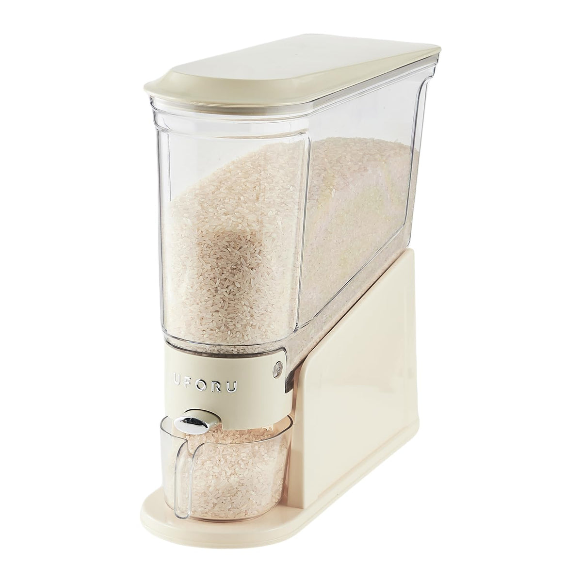 UFORU rice dispenser shown from the front in cream white, ideal for compact kitchens.