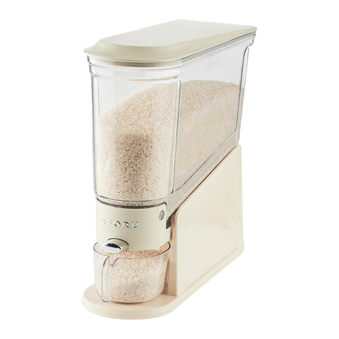 UFORU rice dispenser shown from the front in cream white, ideal for compact kitchens.