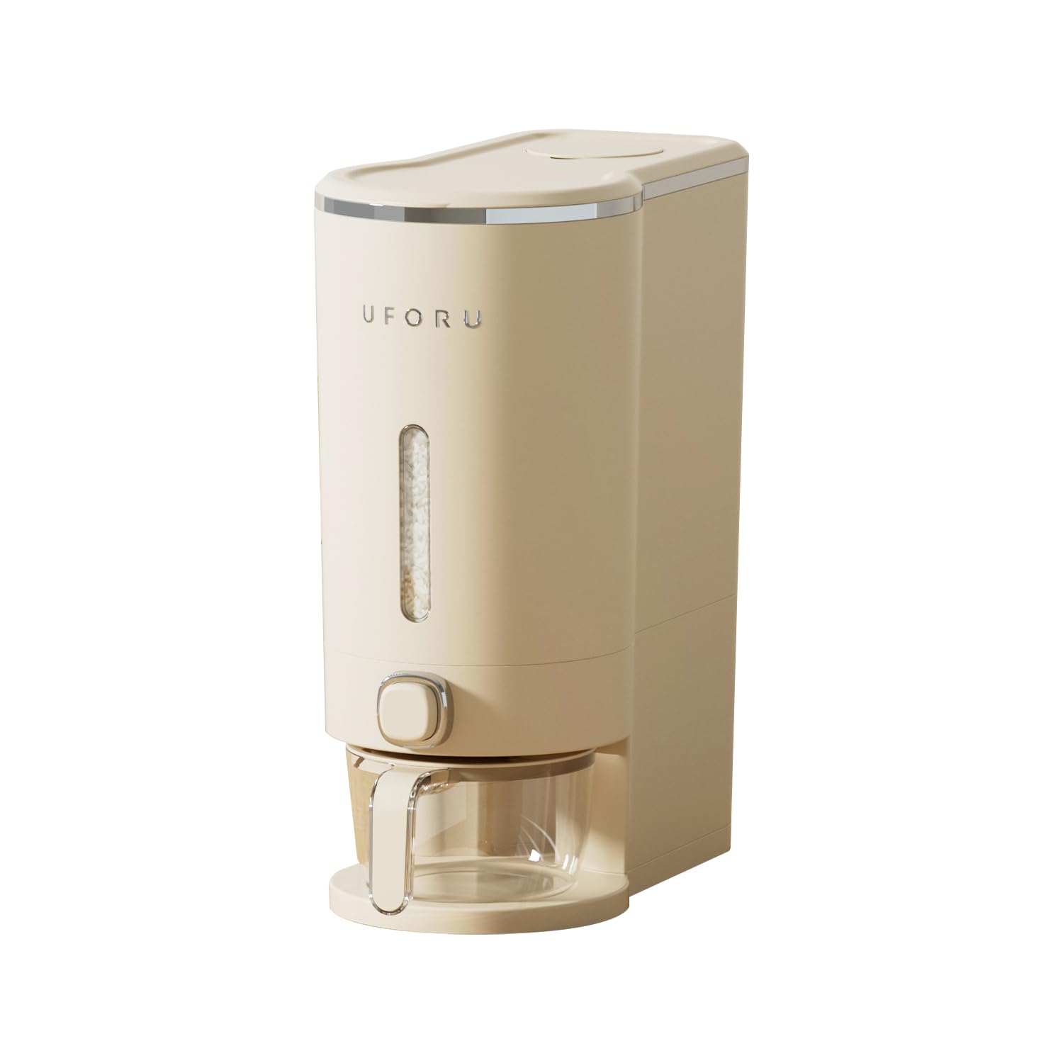 UFORU rice dispenser front view for organized pantry and easy grain access.
