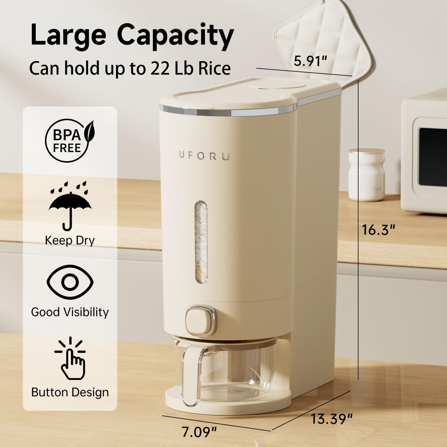 UFORU rice dispenser lid close-up shows airtight seal to keep moisture out.