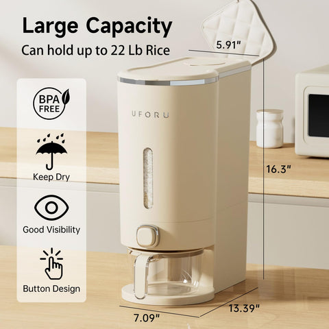 UFORU rice dispenser lid close-up shows airtight seal to keep moisture out.