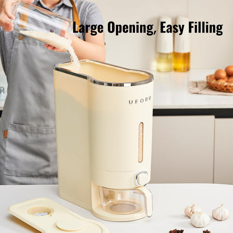 UFORU rice dispenser measuring cup highlights precise portions for meal planning.