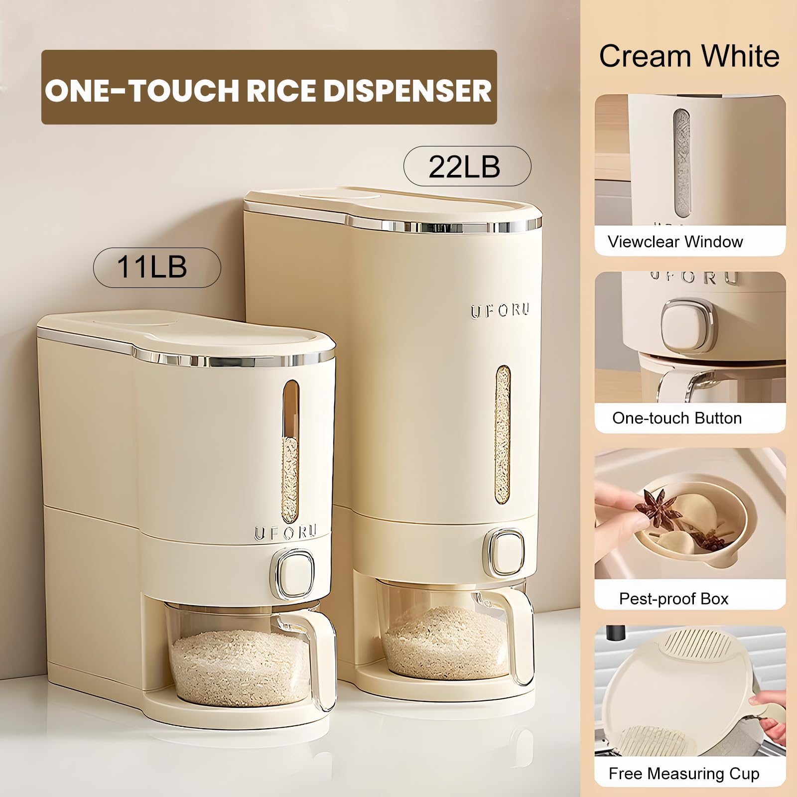UFORU rice dispenser one-touch dispense enables quick, mess-free portioning.