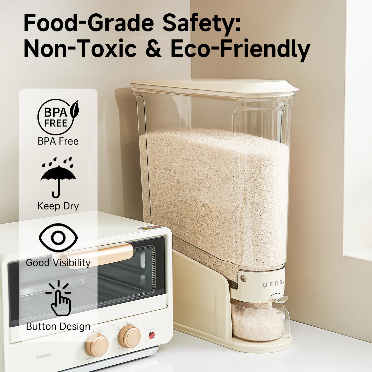 UFORU rice dispenser features a one-touch dispense for quick portions.
