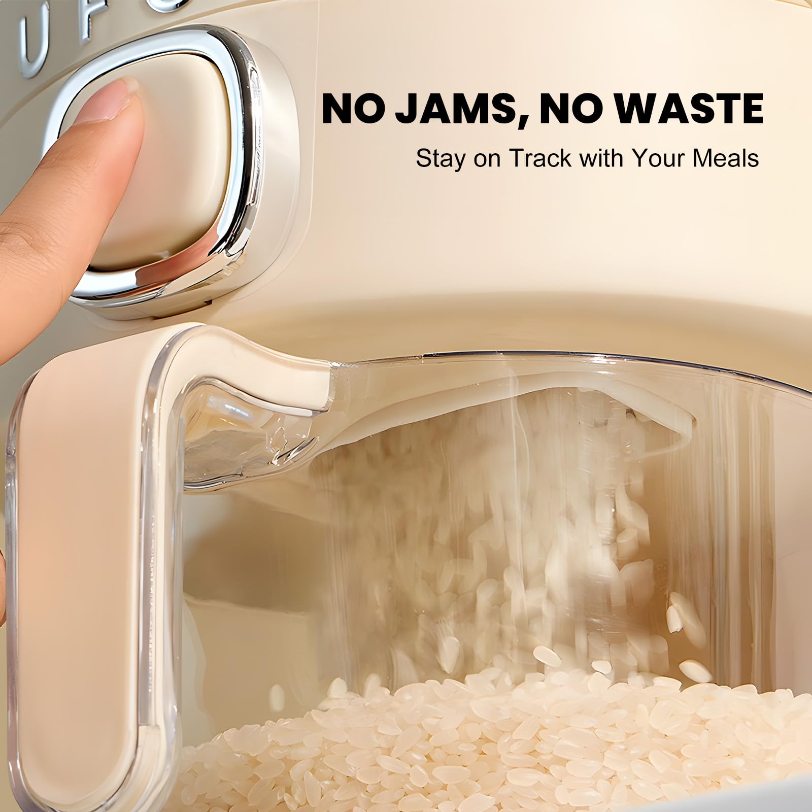 UFORU rice dispenser sloped slide mechanism ensures smooth, jam-free pouring.