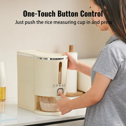 UFORU Rice Dispenser transparent body allows quick rice level checks.