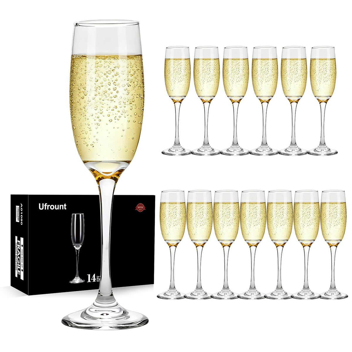 Ufrount 6oz champagne flute set—clear crystal, ideal for weddings and celebrations.