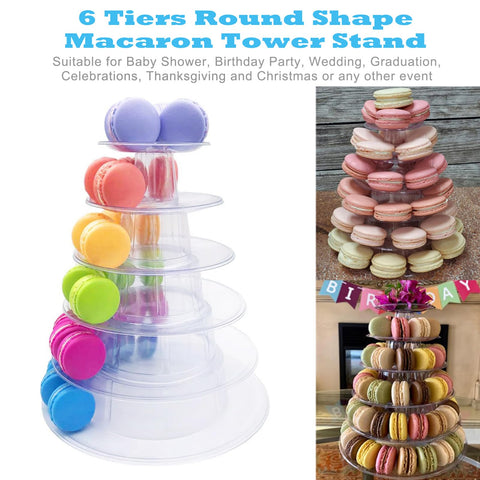 Ufurty 6-tier macaron stand assembled, top-to-bottom display ideal for weddings.