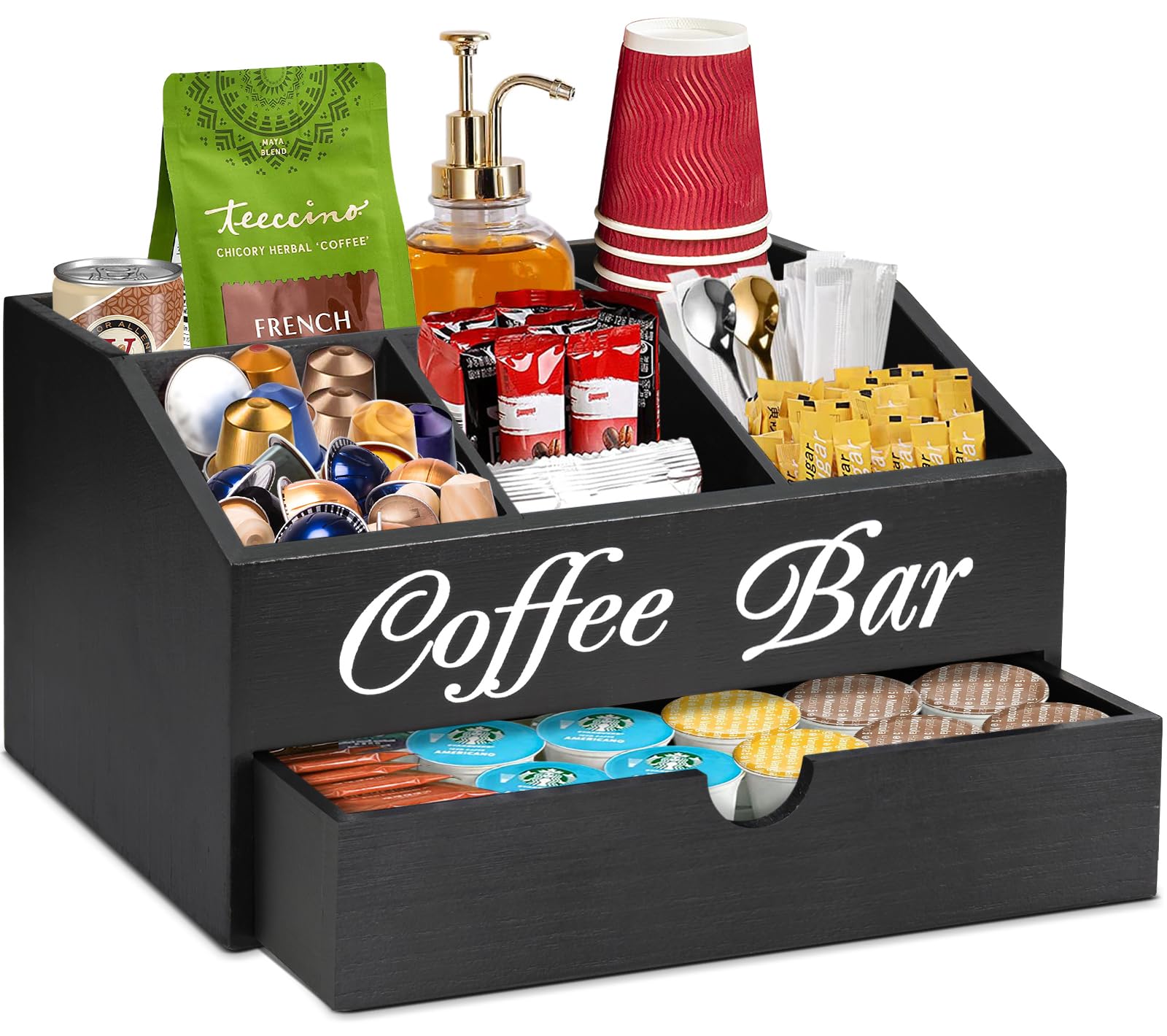 ugiftt coffee bar organizer front view with drawer for easy access to pods and cups