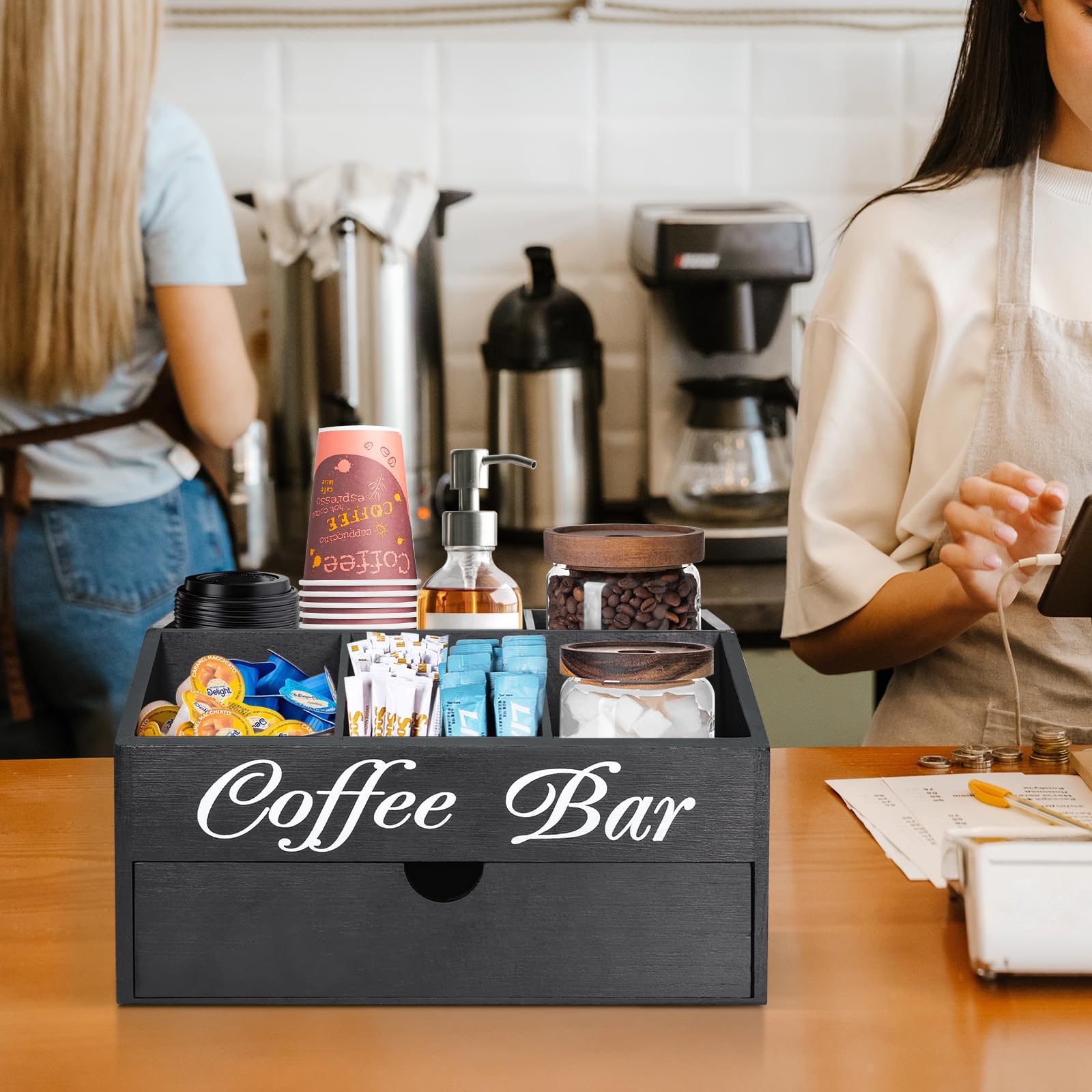 ugiftt coffee bar organizer compartments layout with space for pods and tea