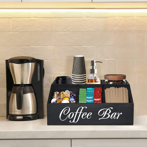 ugiftt coffee station organizer compartments closeup emphasizes the tilted ramp for quick reach.