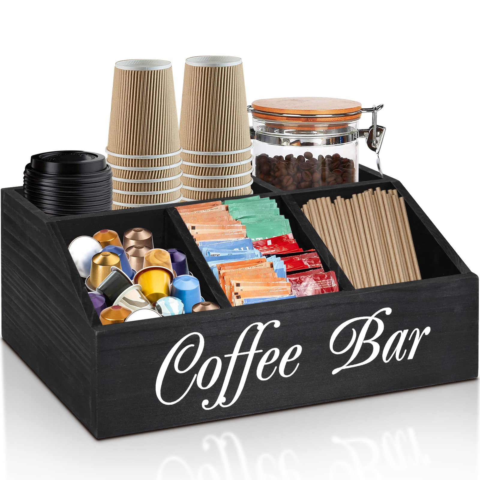 ugiftt coffee station organizer front view shows easy access to pods and condiments.