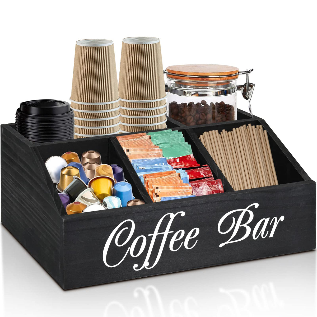 ugiftt coffee station organizer front view shows easy access to pods and condiments.