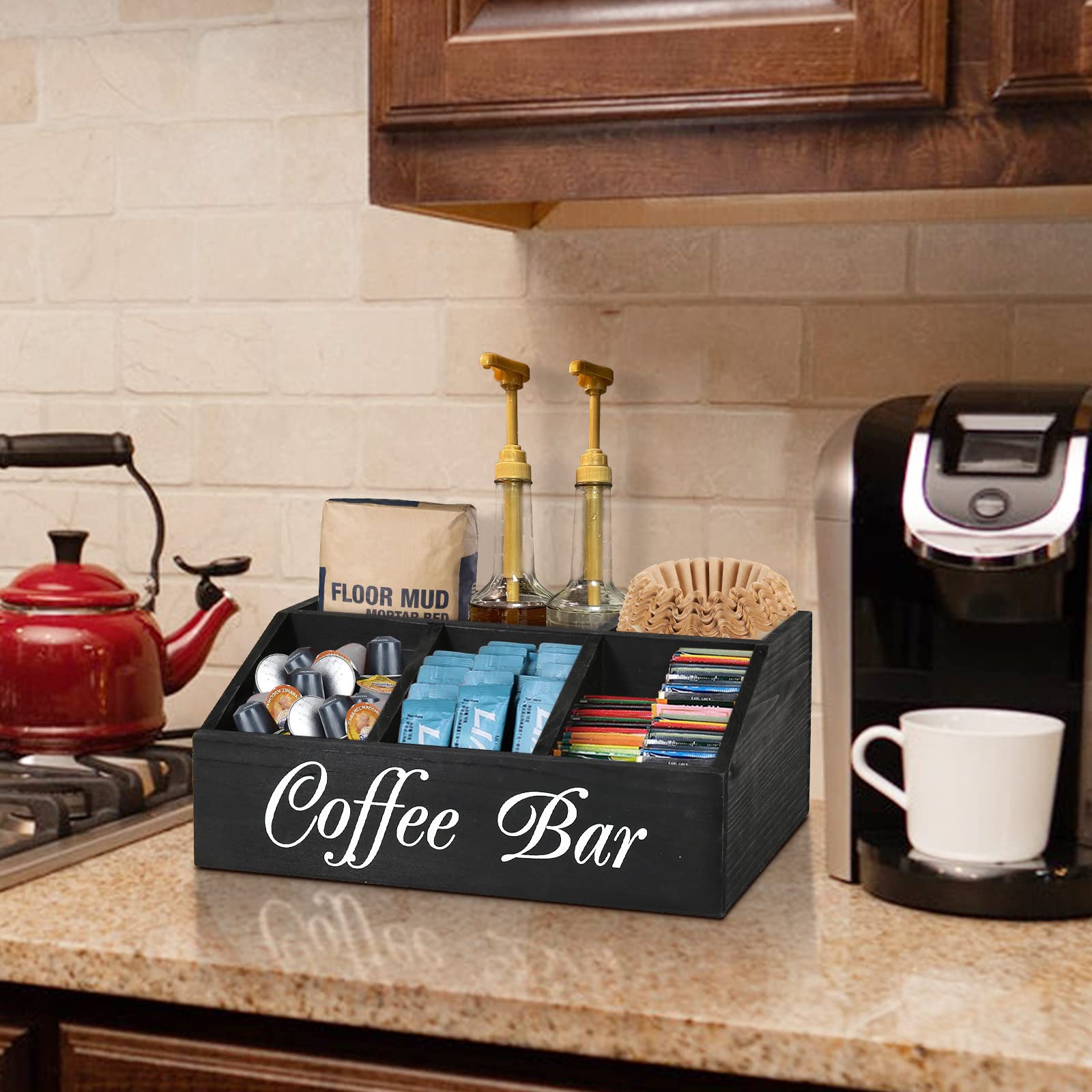 ugiftt coffee station organizer top view highlights spacious compartments for tea bags.