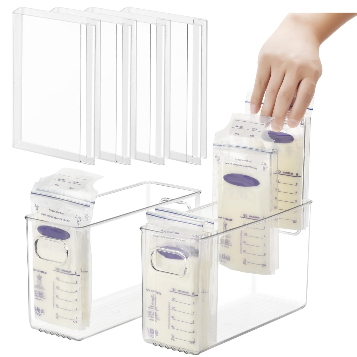 Ugotfeels 2-pack breastmilk storage containers neatly organize freezer space.