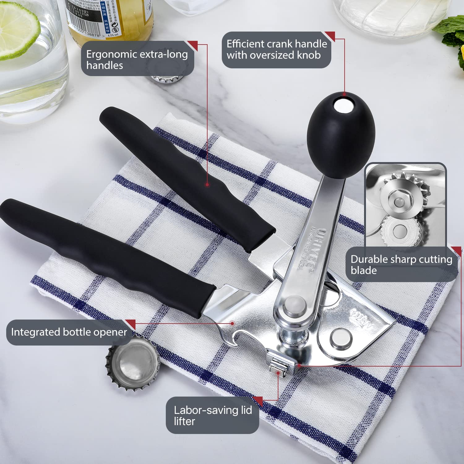 UHIYEE can opener with an oversized knob for a comfortable grip during cranking.