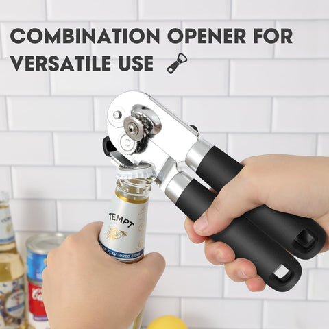 UHIYEE manual can opener with built-in bottle opener for convenience.