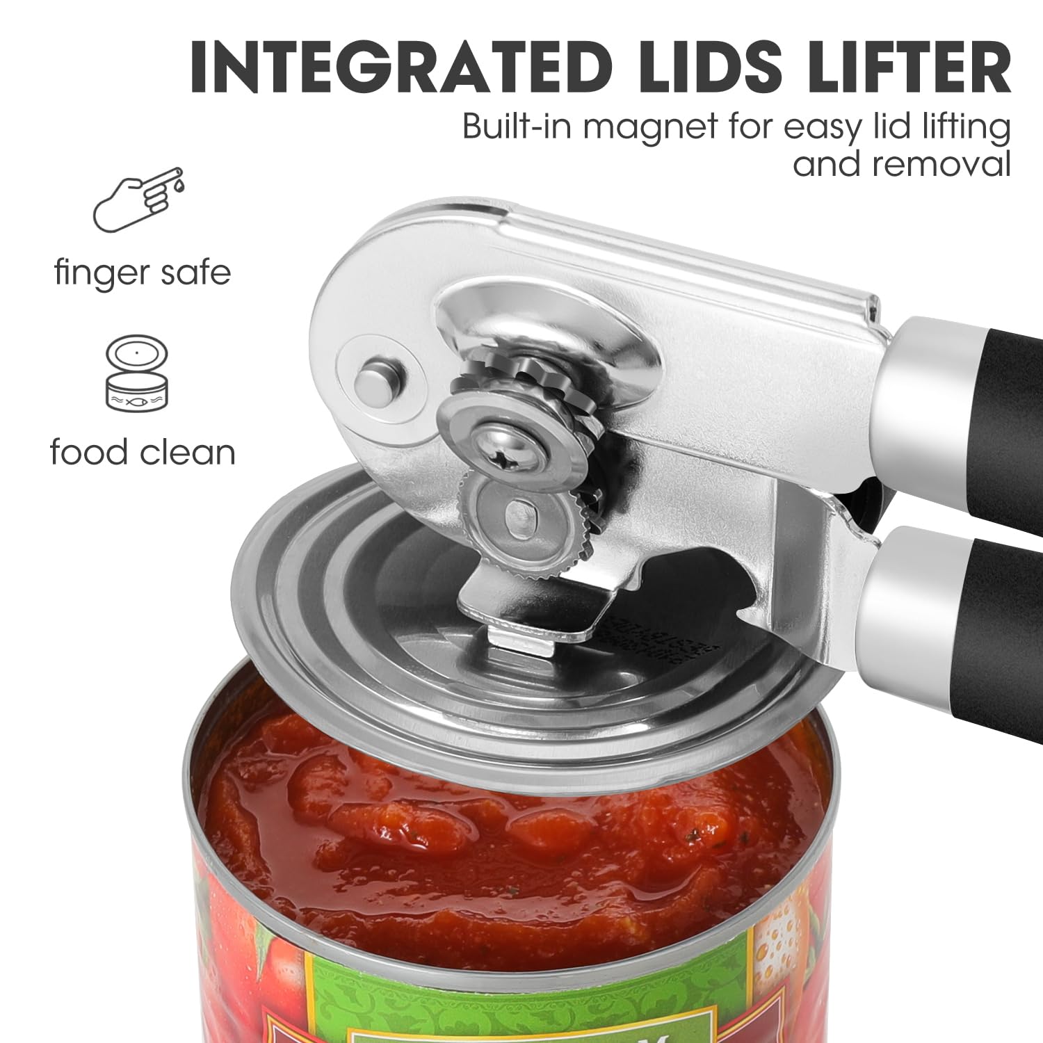 UHIYEE manual can opener with magnetic lid lifter keeps hands clean.
