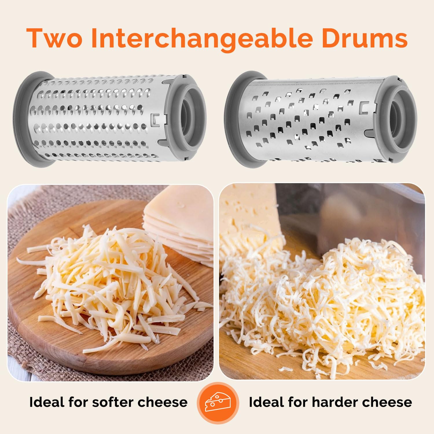 Dual-drums on the UHIYEE grater for fine Parmesan and coarse Mozzarella