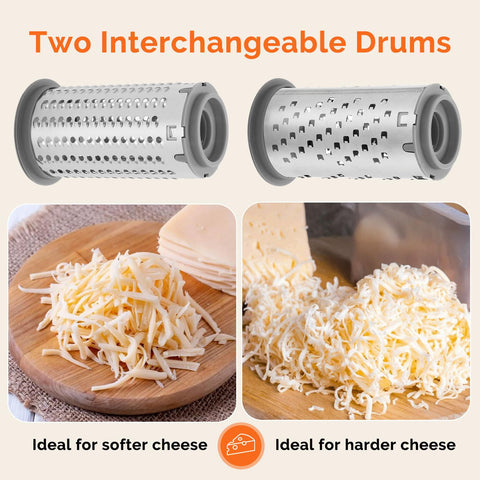 Dual-drums on the UHIYEE grater for fine Parmesan and coarse Mozzarella