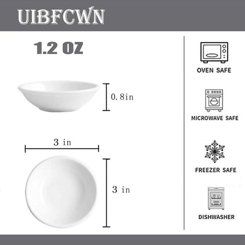 UIBFCWN 3-inch white porcelain dipping dishes ideal for sushi condiments.