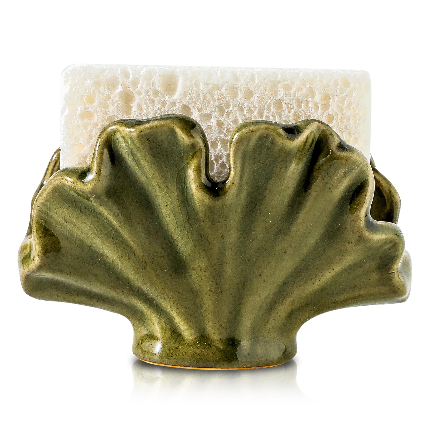 Uiddo ceramic sponge holder green front view keeps sponges accessible and counter tidy.