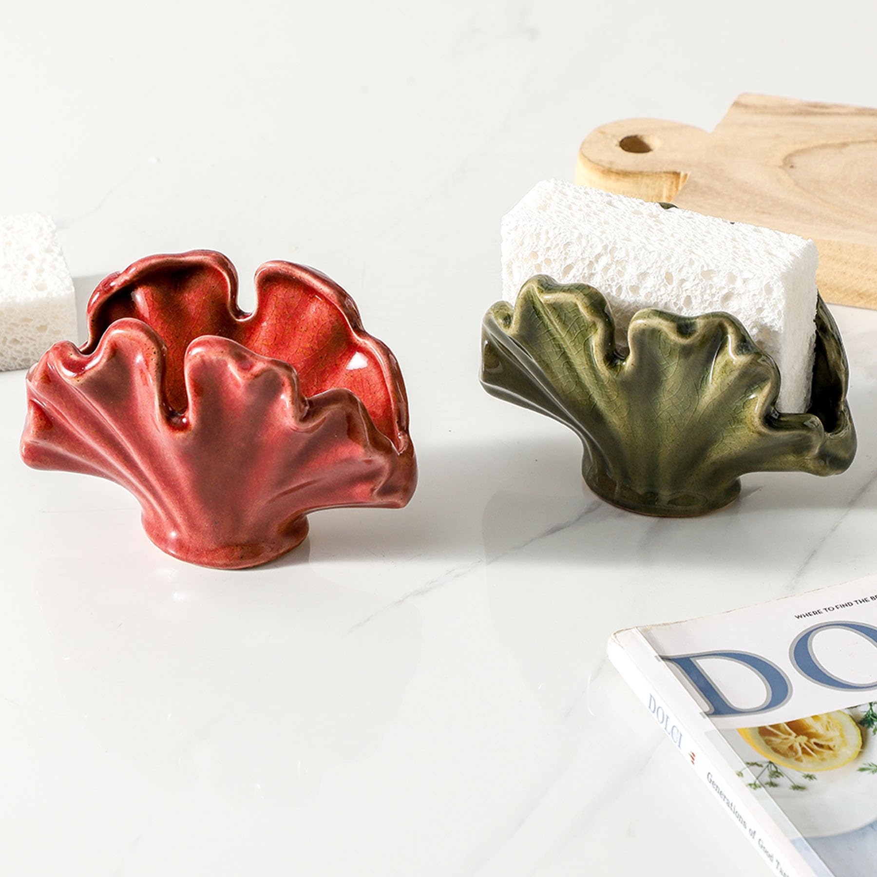 Uiddo ceramic sponge holder green on kitchen sink promotes neat cleaning station.