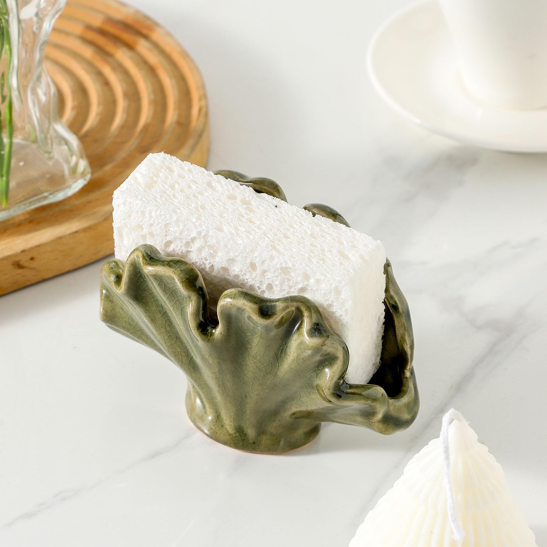Uiddo compact sink caddy green with ceramic finish for easy sponge organization.