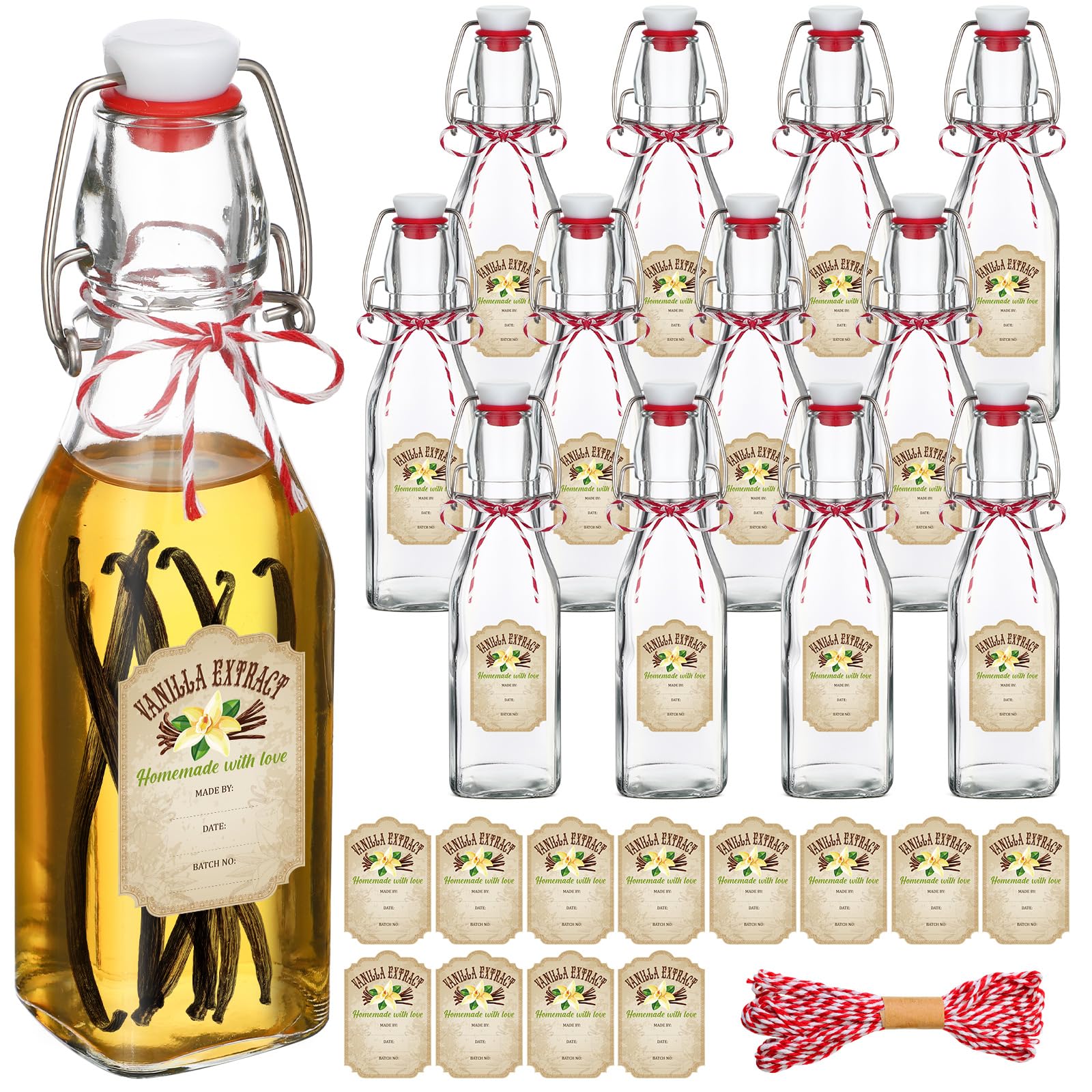 Uiifan 12-pack swing-top square glass bottles with caps for versatile storage.