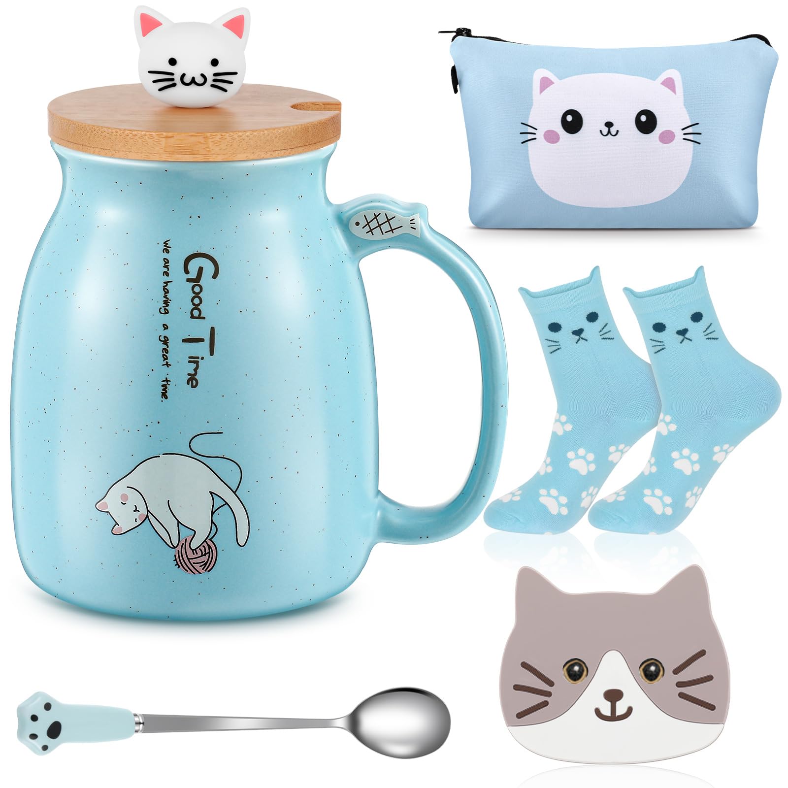 Uiifan cat coffee cup with lid in blue for warm tea moments