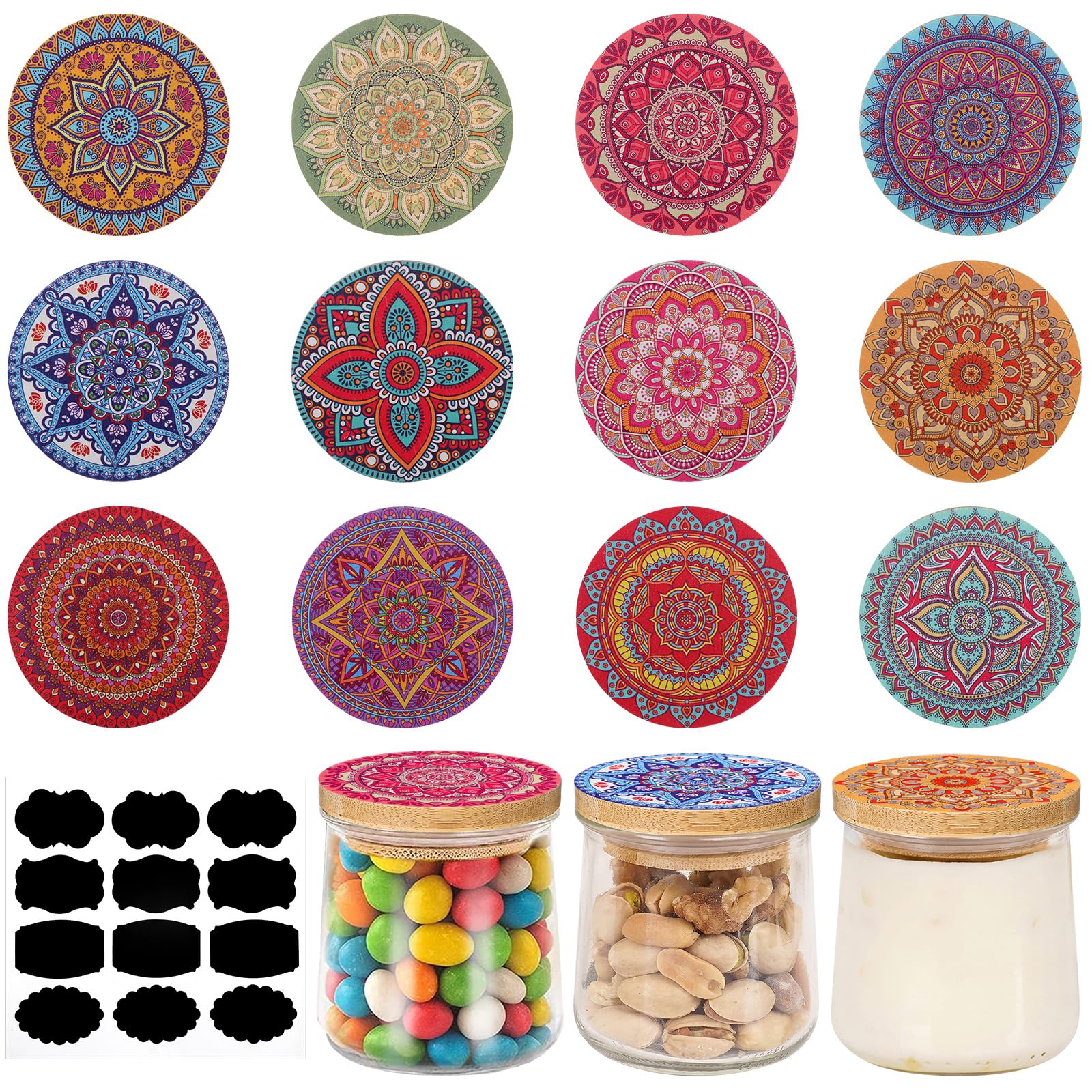 Uiifan yogurt lid with mandala pattern for stylish jar organization and dust protection.
