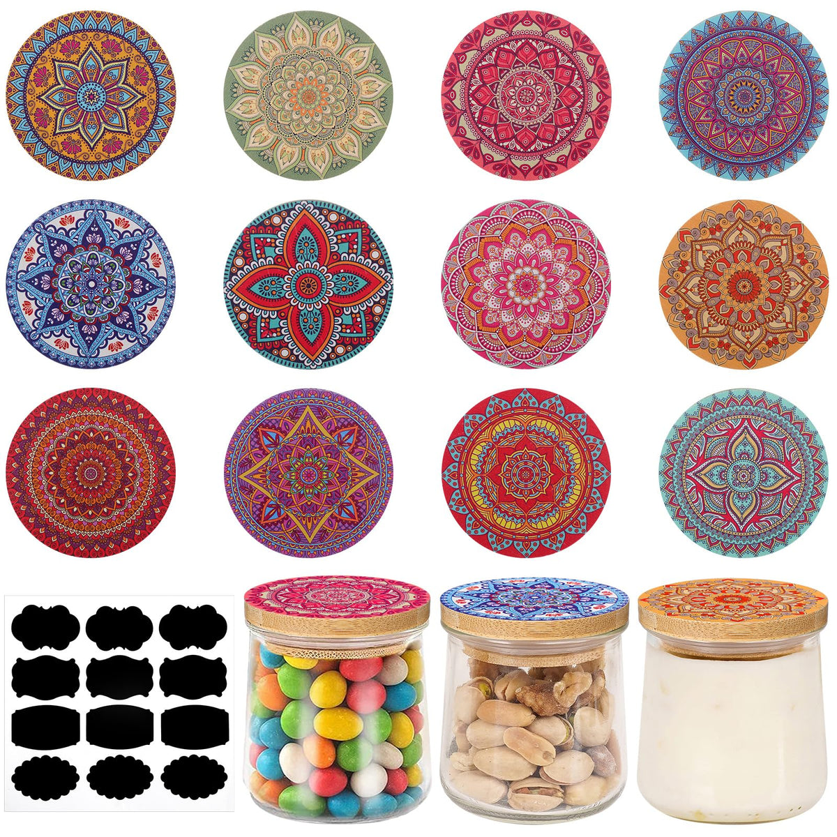 Uiifan yogurt lid with mandala pattern for stylish jar organization and dust protection.