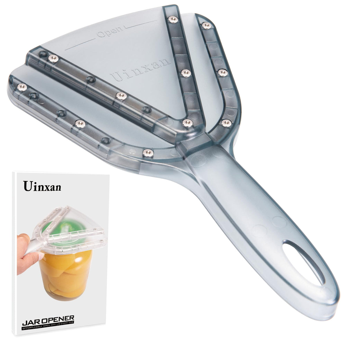 Uinxan jar opener with dual teeth grips lids firmly for easy opening.