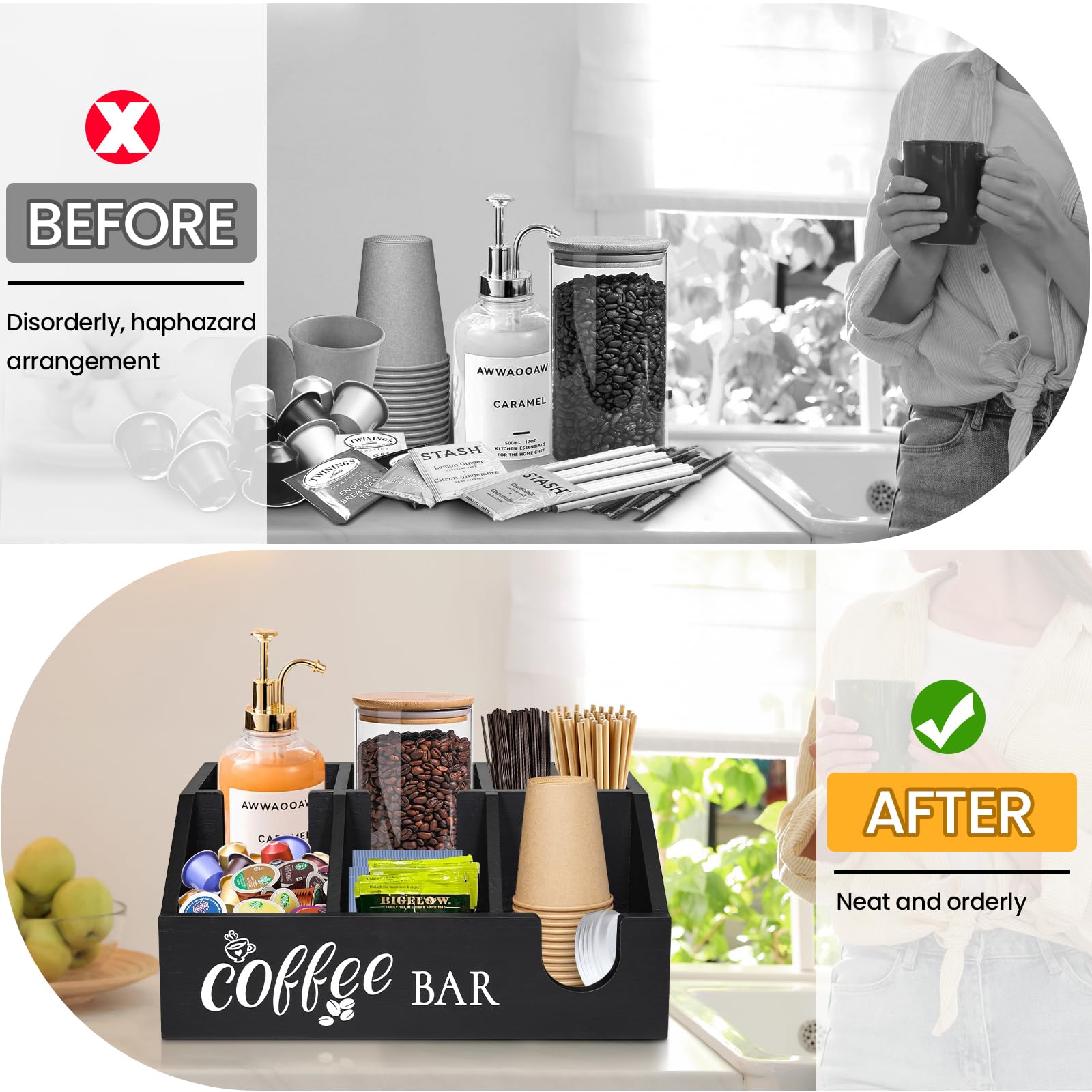 Uipame coffee bar decor elevates counter with rustic finish and Coffee BAR print.