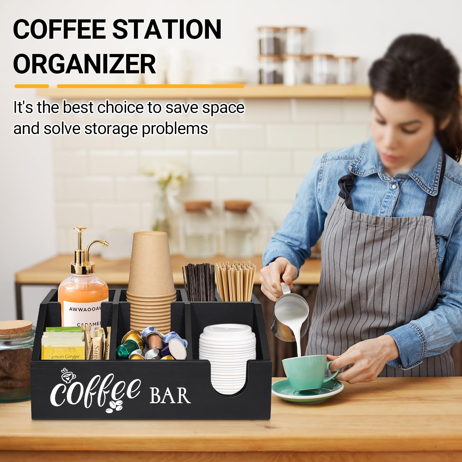 Uipame wooden coffee pod holder featuring removable partition for spoons and stirrers.