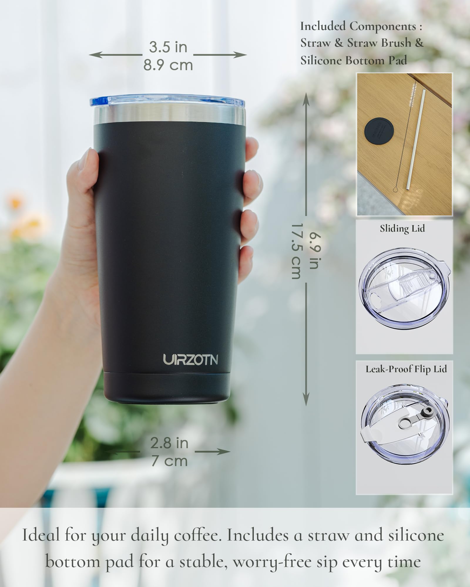 UIRZOTN leakproof dual lids ensure safe sipping anywhere.