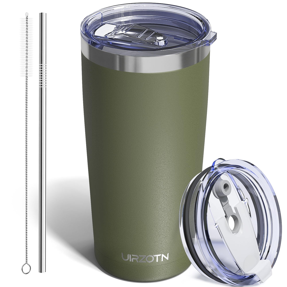 UIRZOTN travel coffee tumbler army green textured finish with dual lids for hot or cold drinks.