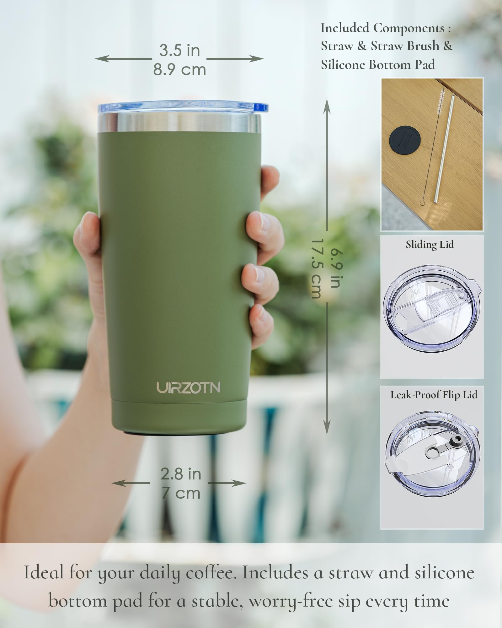 UIRZOTN stainless steel body provides durability and keeps beverages at the desired temperature.
