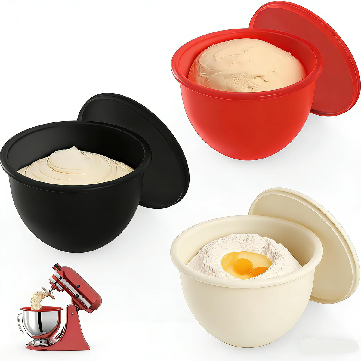 Uitwetu silicone liners in action inside a KitchenAid 5Qt bowl liner for mess-free mixing