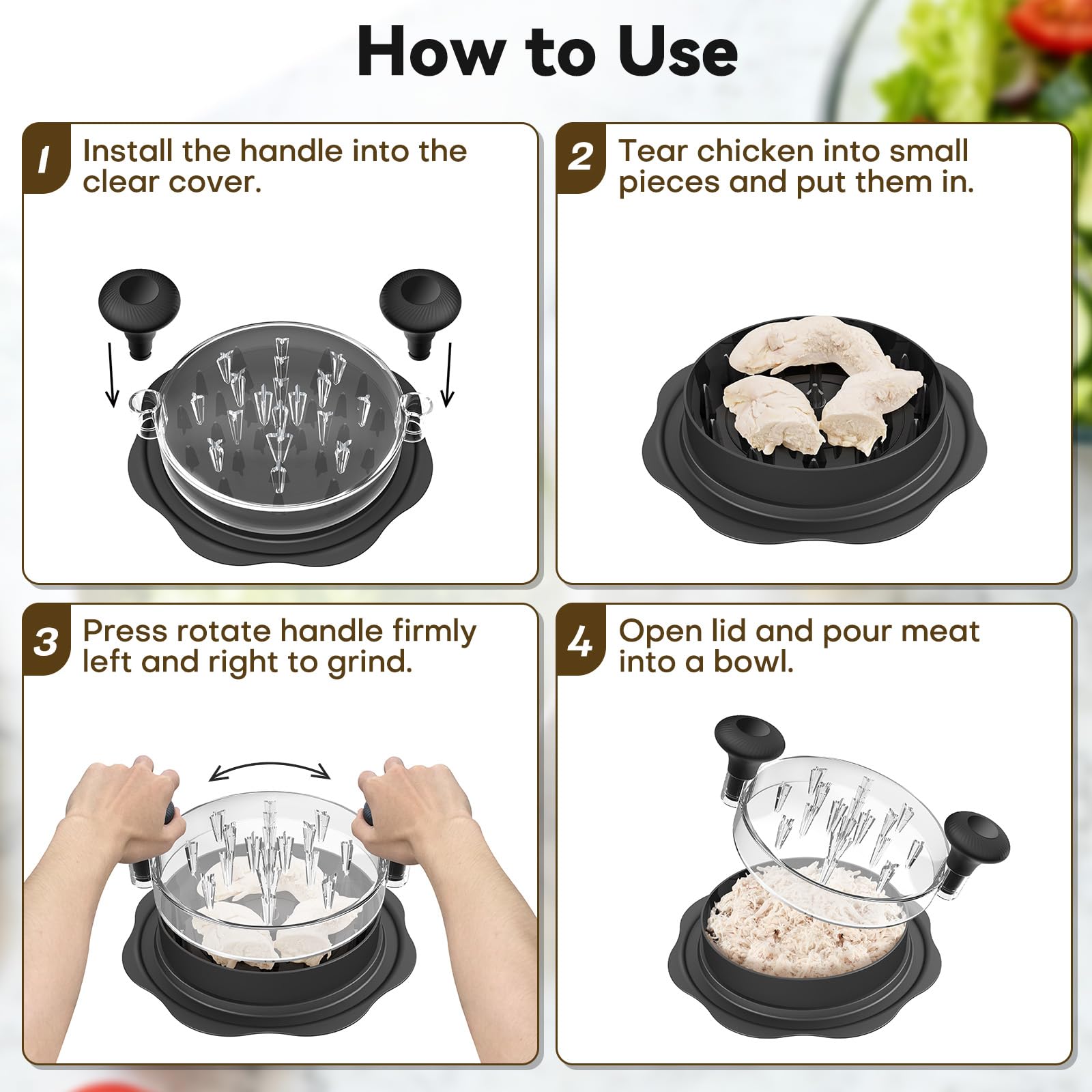 Ukeetap 10-Inch Pro Chicken Shredder dishwasher-safe bottom for convenient cleaning