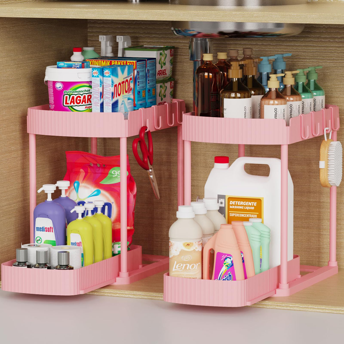 Ukeetap 2-pack pull-out organizers under sink keep essentials accessible and neatly stored.