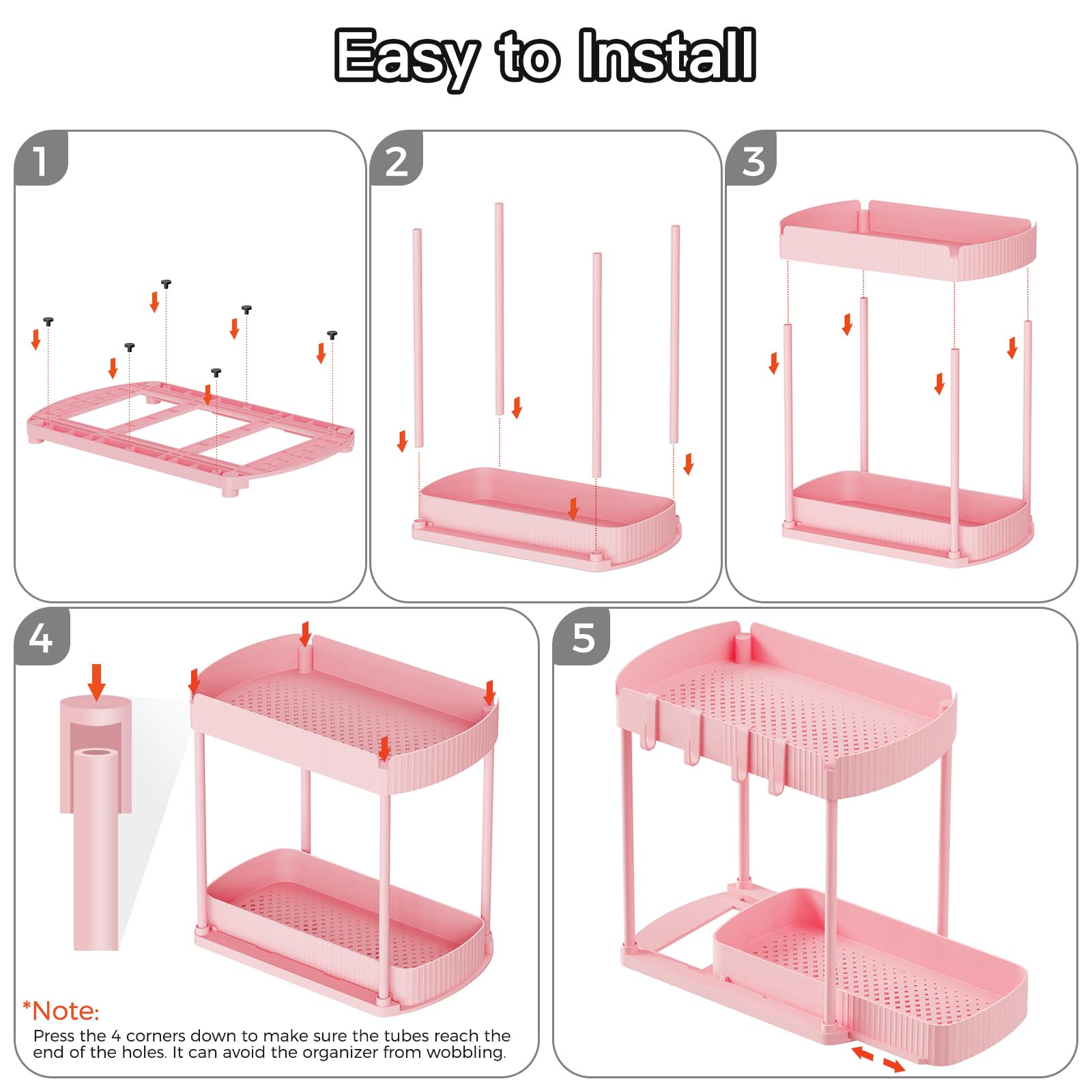 Ukeetap multipurpose pink organizers fit bathroom, kitchen, and pantry storage.