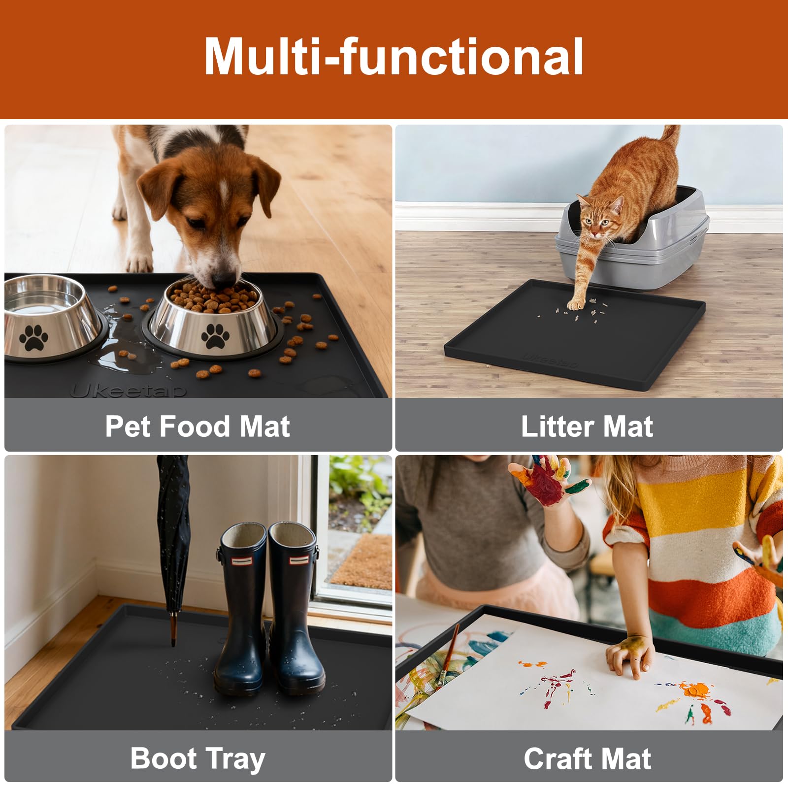 Ukeetap pet feeding mat catches spills and protects floors.