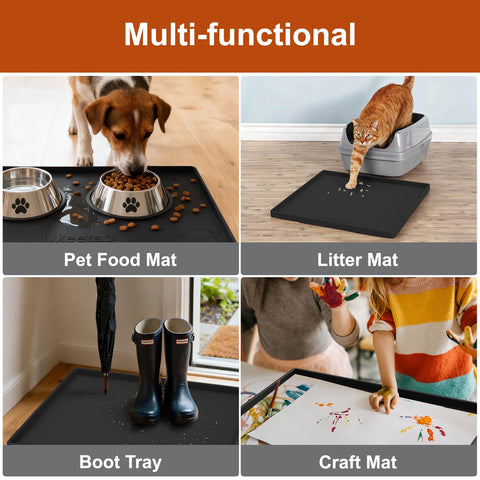 Ukeetap pet feeding mat catches spills and protects floors.